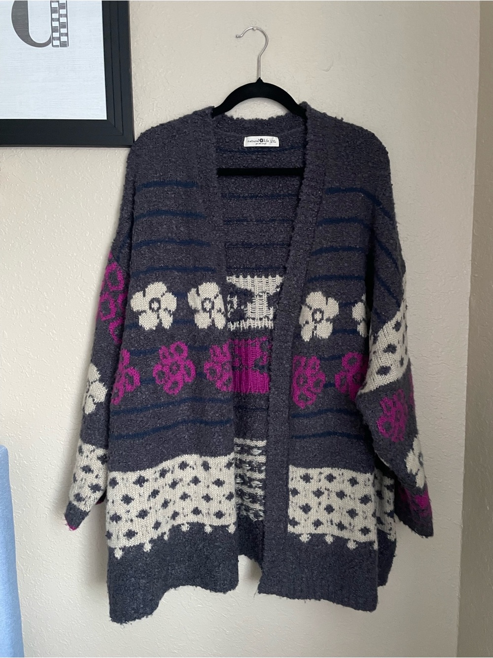 Natural Life Calla Jacquard Cardigan Sweater Size L/XL Charcoal Flower Boho Fun - Picture 3 of 11